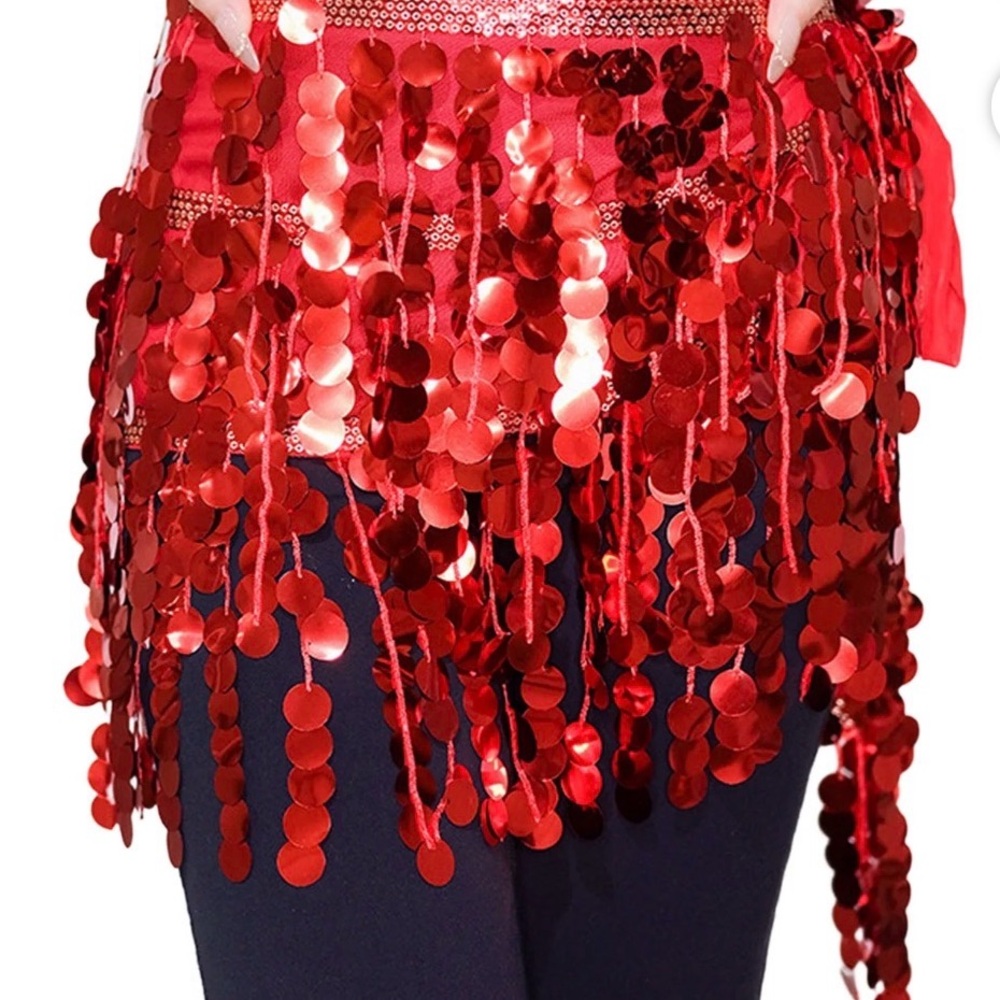 Red Sequin Tassel Fringe Wrap Skirts Belly Dance Hip Scarf - Picture 3 of 4